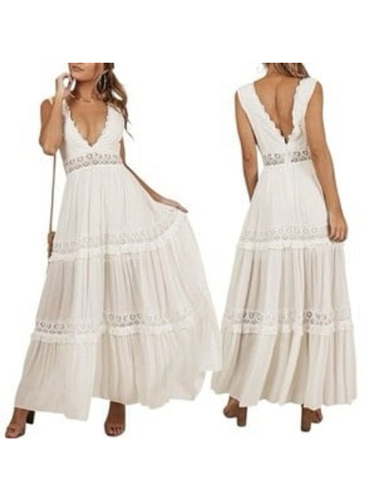 Showpo Dresses & Skirts - NWT Showpo Thrills and Spills Maxi Dress Size 6 Boho Lace V Neck Gauze White